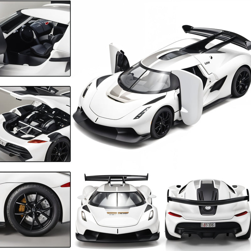 White sports car model with detailed views on a white background