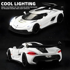 White toy car with black accents on a dark background, featuring cool lighting effects.