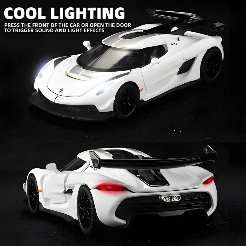 White toy car with black accents on a dark background, featuring cool lighting effects.