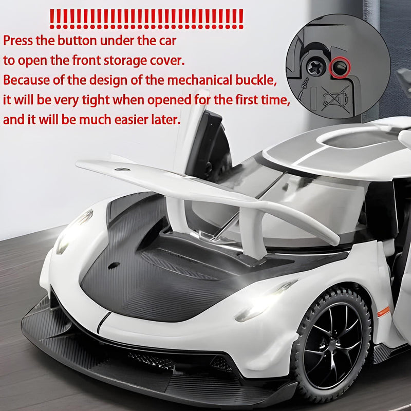 White toy car with open front storage cover and instructions on how to use it.
