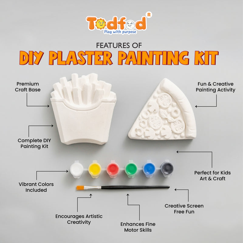 Todfod DIY Plaster Painting Kit for Kids, Junk Food Designs Art and Craft Set with 2 Figures, 6 Paint Colours and 1 Paintbrush