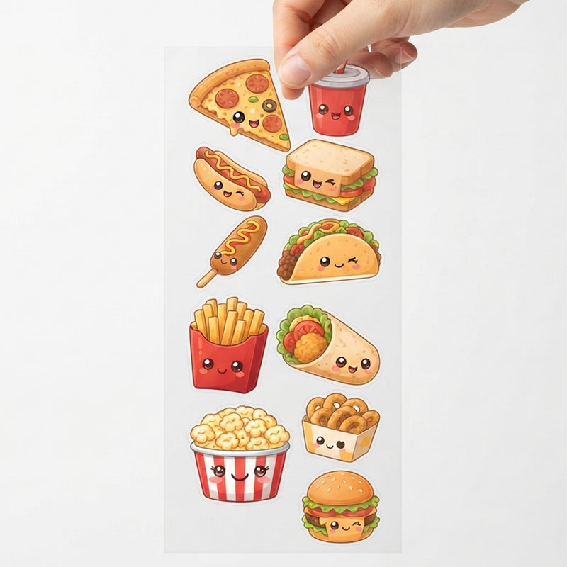 TodFod Junk Food DTF Heat Transfer Sticker Sheet | Cute Fast Food Cartoon Iron-On Transfers for T-Shirts, Clothes, Bags & Fabric DIY Crafts | 11 x 4 Inch