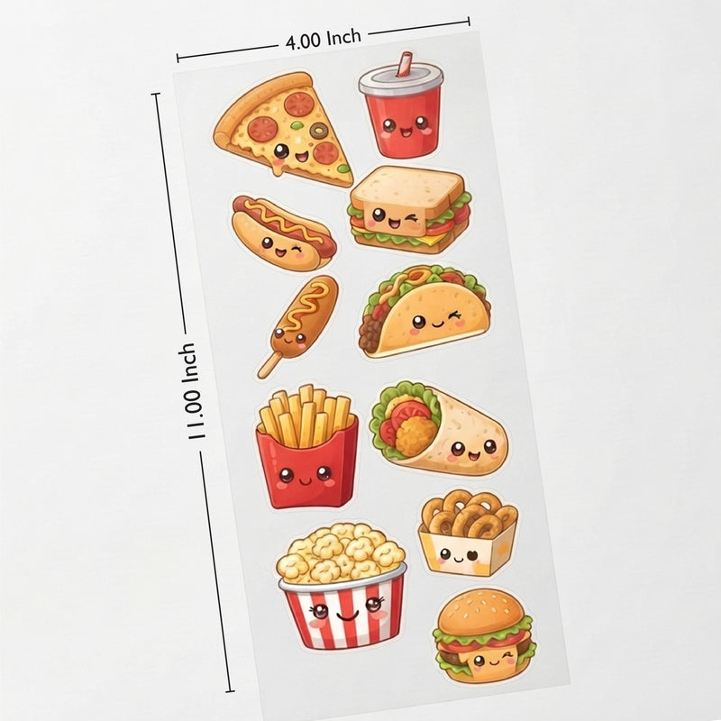 TodFod Junk Food DTF Heat Transfer Sticker Sheet | Cute Fast Food Cartoon Iron-On Transfers for T-Shirts, Clothes, Bags & Fabric DIY Crafts | 11 x 4 Inch