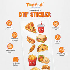 TodFod Junk Food DTF Heat Transfer Sticker Sheet | Cute Fast Food Cartoon Iron-On Transfers for T-Shirts, Clothes, Bags & Fabric DIY Crafts | 11 x 4 Inch