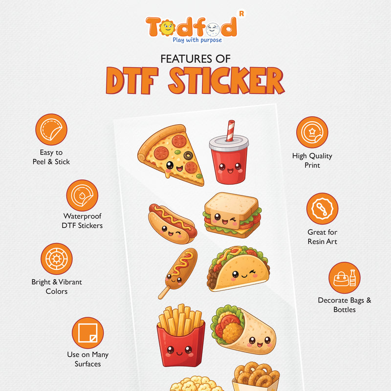 TodFod Junk Food DTF Heat Transfer Sticker Sheet | Cute Fast Food Cartoon Iron-On Transfers for T-Shirts, Clothes, Bags & Fabric DIY Crafts | 11 x 4 Inch