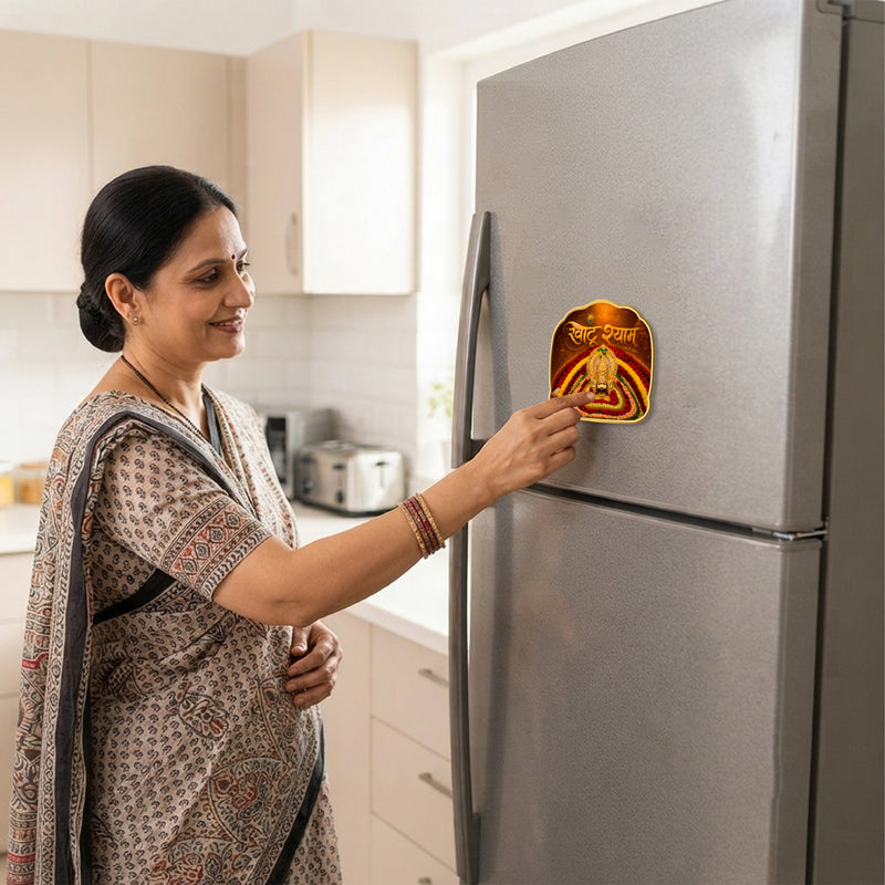 Todfod Khatu Shyam Fridge Magnet | Wooden Khatu Shyam Ji Temple Souvenir Refrigerator Magnet | Rajasthan Spiritual Decorative Magnet for Kitchen, Home & Office | 3 Inch