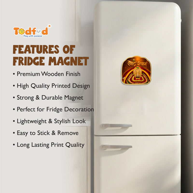 Todfod Khatu Shyam Fridge Magnet | Wooden Khatu Shyam Ji Temple Souvenir Refrigerator Magnet | Rajasthan Spiritual Decorative Magnet for Kitchen, Home & Office | 3 Inch