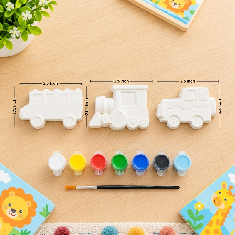 Todfod POP Plaster DIY Painting Kit for Kids | 3 Vehicle Shapes with 7 Paint Pots and Brush | Creative Art and Craft Activity