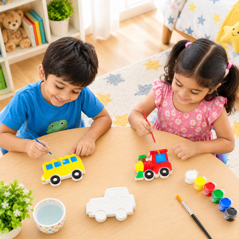 Todfod POP Plaster DIY Painting Kit for Kids | 3 Vehicle Shapes with 7 Paint Pots and Brush | Creative Art and Craft Activity