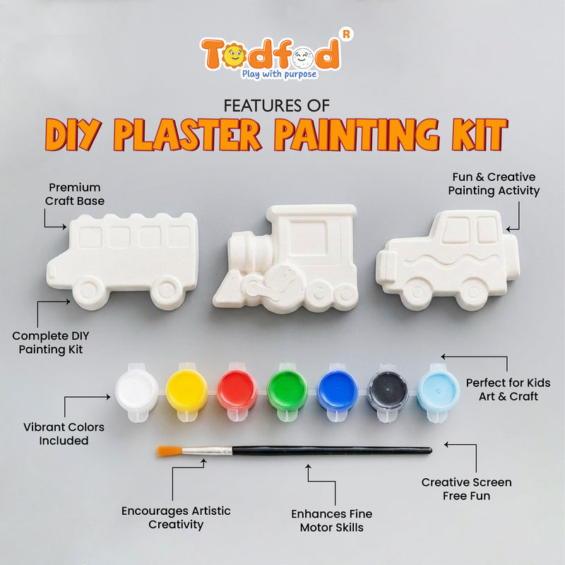 Todfod POP Plaster DIY Painting Kit for Kids | 3 Vehicle Shapes with 7 Paint Pots and Brush | Creative Art and Craft Activity