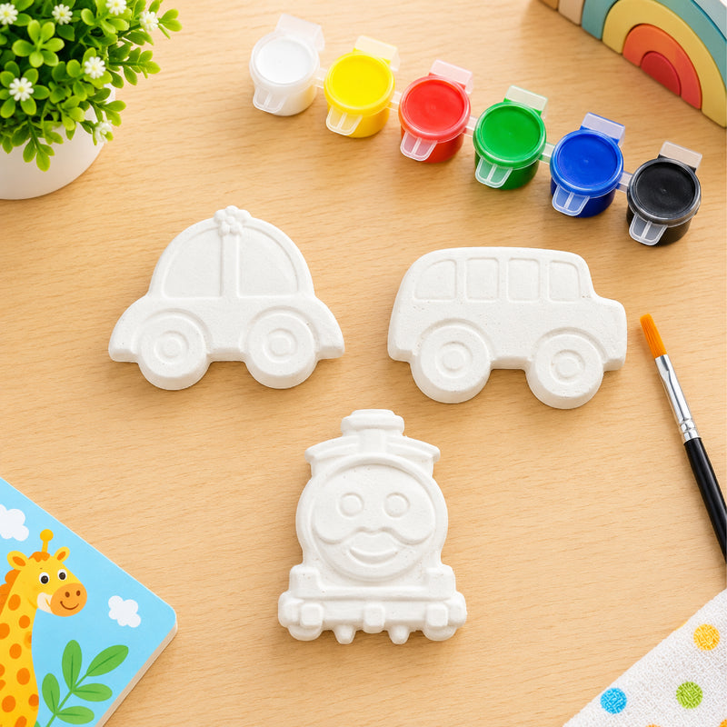 Todfod POP Plaster DIY Painting Kit for Kids | Car Bus and Train Shapes with 6 Paint Pots and Brush | Creative Art and Craft Activity
