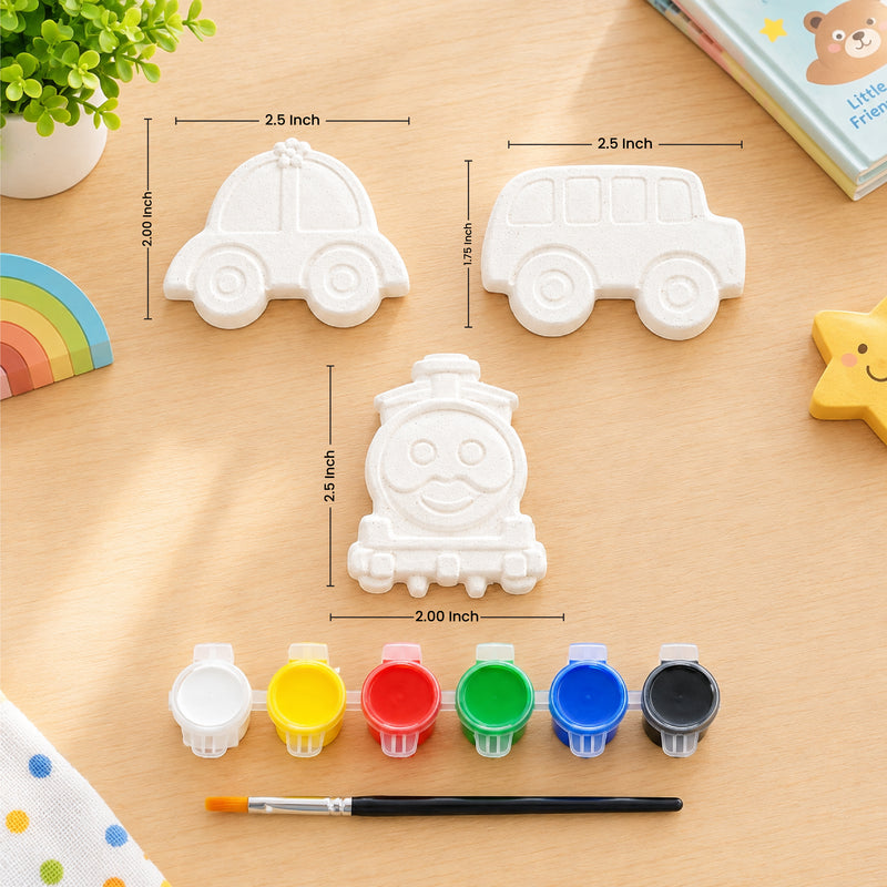 Todfod POP Plaster DIY Painting Kit for Kids | Car Bus and Train Shapes with 6 Paint Pots and Brush | Creative Art and Craft Activity