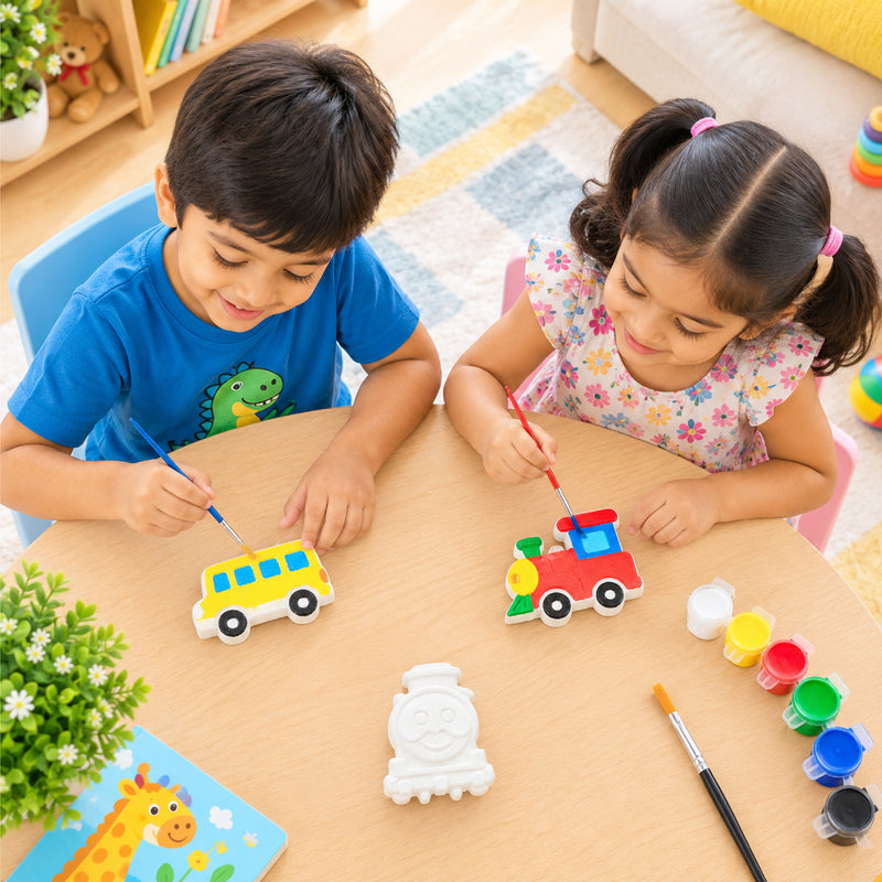 Todfod POP Plaster DIY Painting Kit for Kids | Car Bus and Train Shapes with 6 Paint Pots and Brush | Creative Art and Craft Activity