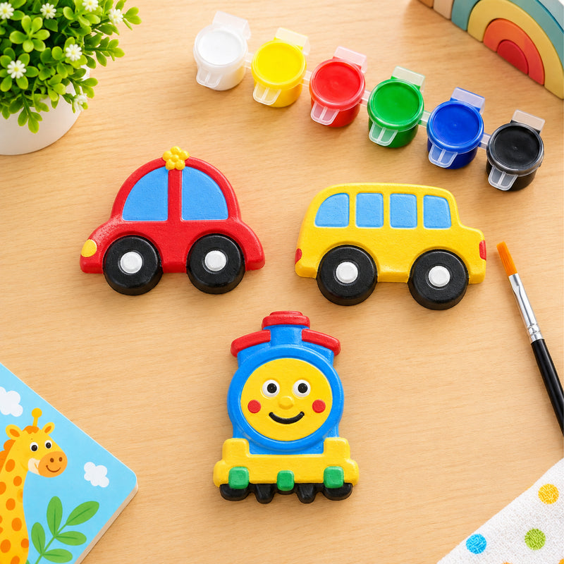 Todfod POP Plaster DIY Painting Kit for Kids | Car Bus and Train Shapes with 6 Paint Pots and Brush | Creative Art and Craft Activity