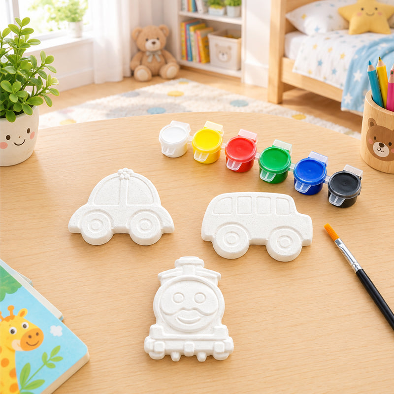 Todfod POP Plaster DIY Painting Kit for Kids | Car Bus and Train Shapes with 6 Paint Pots and Brush | Creative Art and Craft Activity