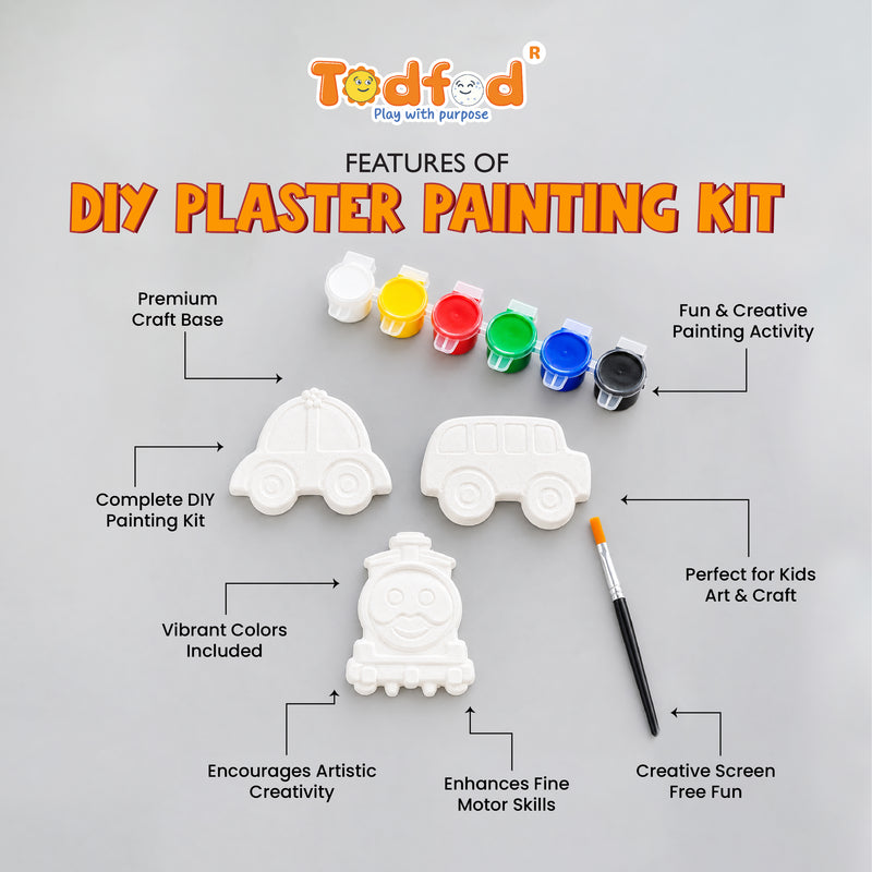 Todfod POP Plaster DIY Painting Kit for Kids | Car Bus and Train Shapes with 6 Paint Pots and Brush | Creative Art and Craft Activity