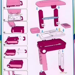 Assembly instructions for a pink toy kitchen set on a white background