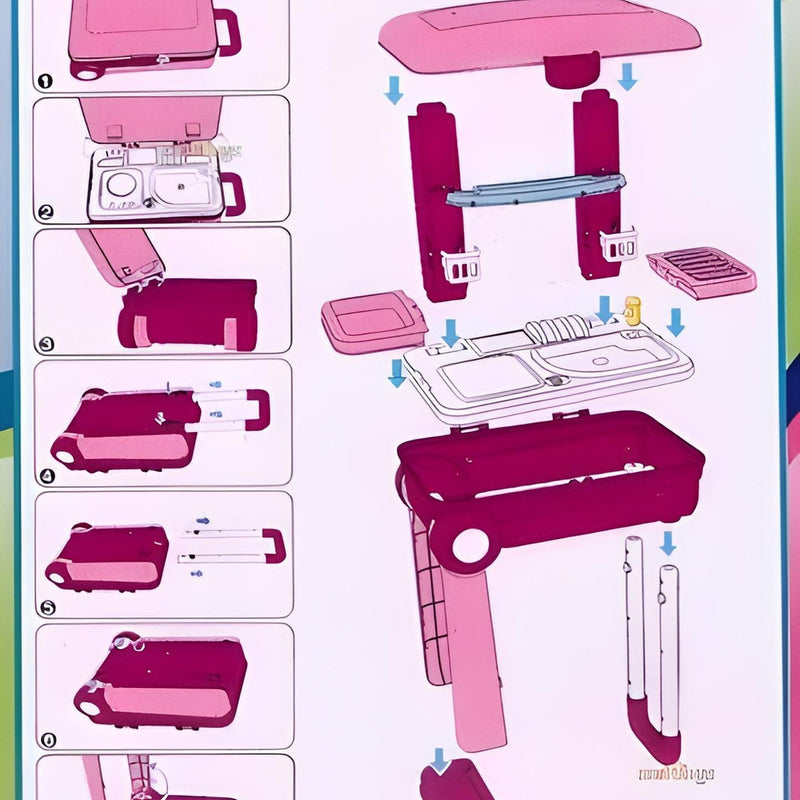 Assembly instructions for a pink toy kitchen set on a white background