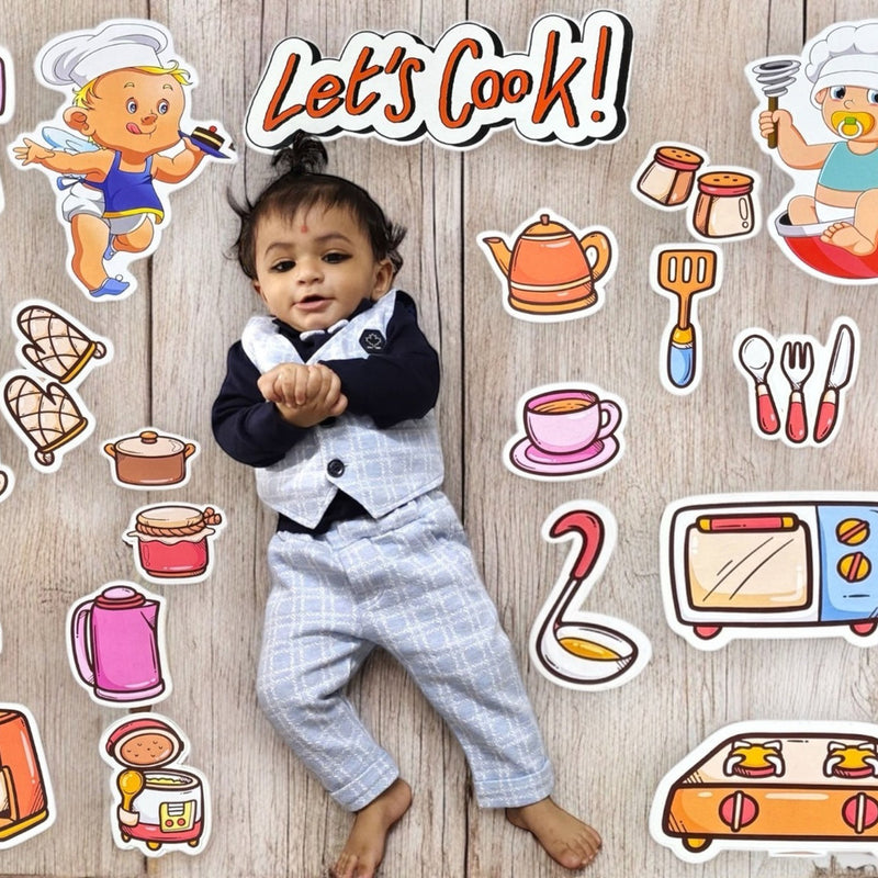 Child surrounded by cooking-themed stickers with 'Let's Cook!' text on a wooden background