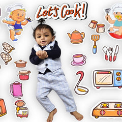 Child in a chef outfit surrounded by colorful cooking-themed illustrations with 'Let's Cook!' text.
