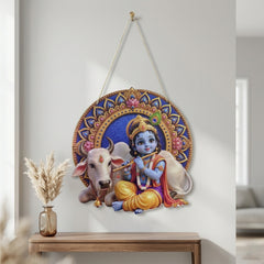 TodFod Krishna with Cow Wall Hanging Decor | 17.5x11 Inch Circular Bal Gopal Flute & Gaumata MDF Wood Plaque