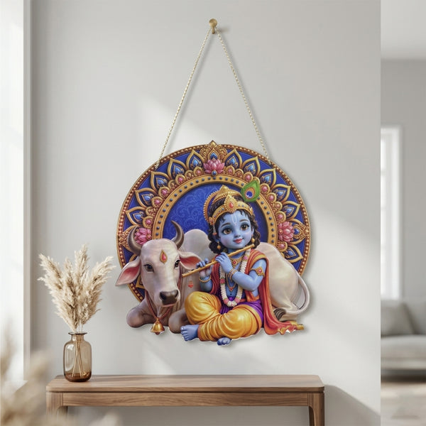 TodFod Krishna with Cow Wall Hanging Decor | 17.5x11 Inch Circular Bal Gopal Flute & Gaumata MDF Wood Plaque