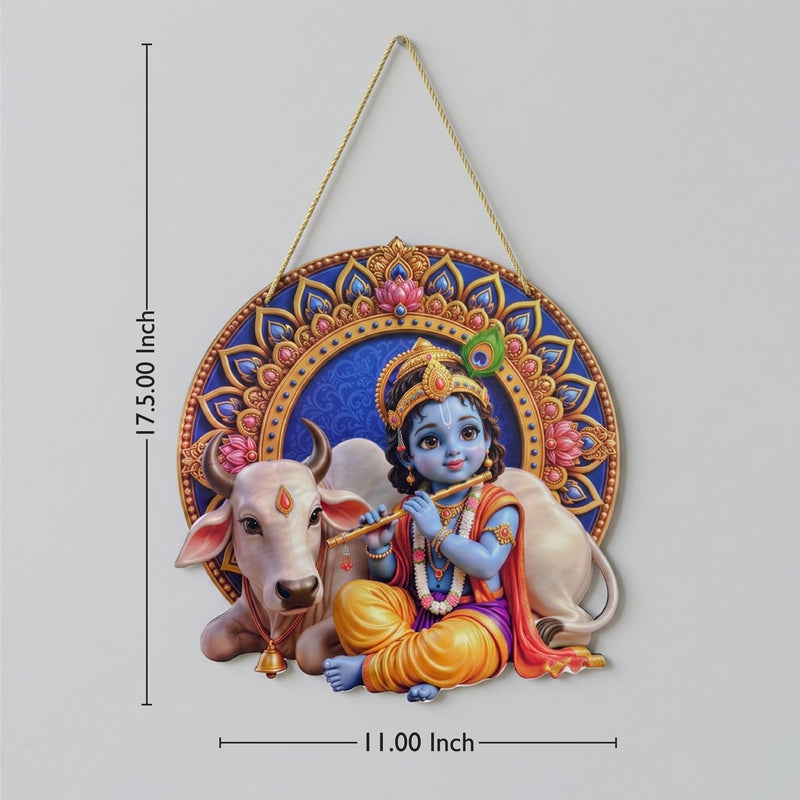 TodFod Krishna with Cow Wall Hanging Decor | 17.5x11 Inch Circular Bal Gopal Flute & Gaumata MDF Wood Plaque