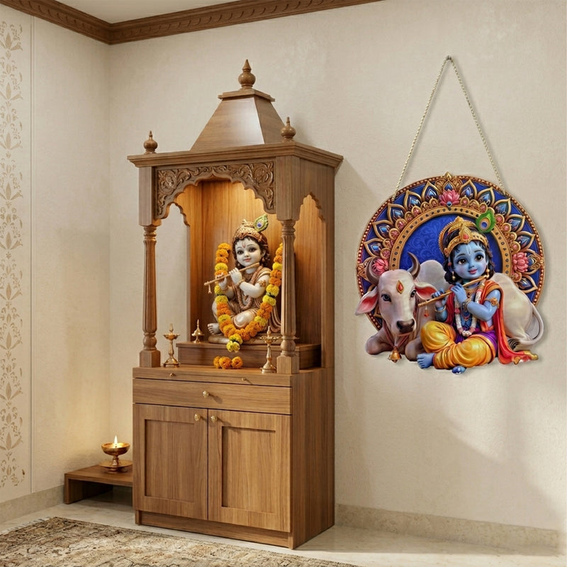 TodFod Krishna with Cow Wall Hanging Decor | 17.5x11 Inch Circular Bal Gopal Flute & Gaumata MDF Wood Plaque