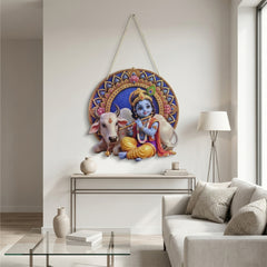 TodFod Krishna with Cow Wall Hanging Decor | 17.5x11 Inch Circular Bal Gopal Flute & Gaumata MDF Wood Plaque