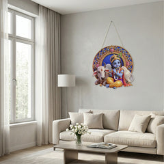 TodFod Krishna with Cow Wall Hanging Decor | 17.5x11 Inch Circular Bal Gopal Flute & Gaumata MDF Wood Plaque