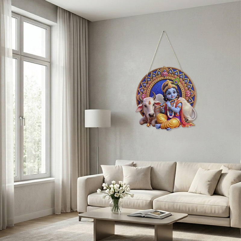 TodFod Krishna with Cow Wall Hanging Decor | 17.5x11 Inch Circular Bal Gopal Flute & Gaumata MDF Wood Plaque