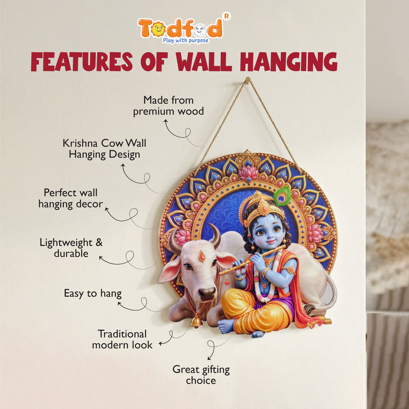 TodFod Krishna with Cow Wall Hanging Decor | 17.5x11 Inch Circular Bal Gopal Flute & Gaumata MDF Wood Plaque
