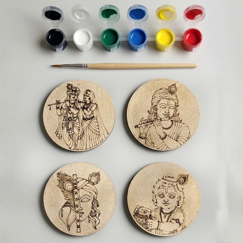 TodFod Krishna DIY Coaster Set of 4 | 4 Inch Engraved Wooden Paint-Your-Own Radha Krishna & Flute Art Coasters