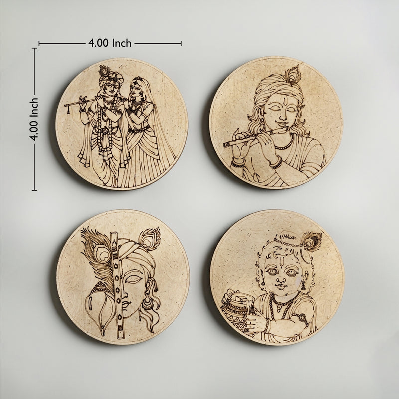 TodFod Krishna DIY Coaster Set of 4 | 4 Inch Engraved Wooden Paint-Your-Own Radha Krishna & Flute Art Coasters