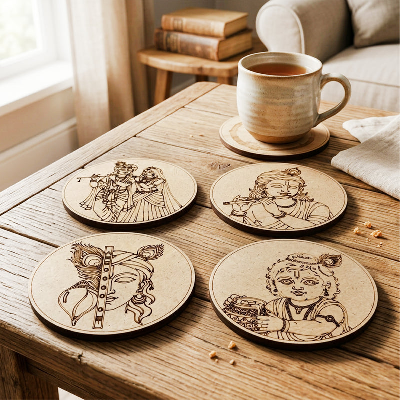 TodFod Krishna DIY Coaster Set of 4 | 4 Inch Engraved Wooden Paint-Your-Own Radha Krishna & Flute Art Coasters