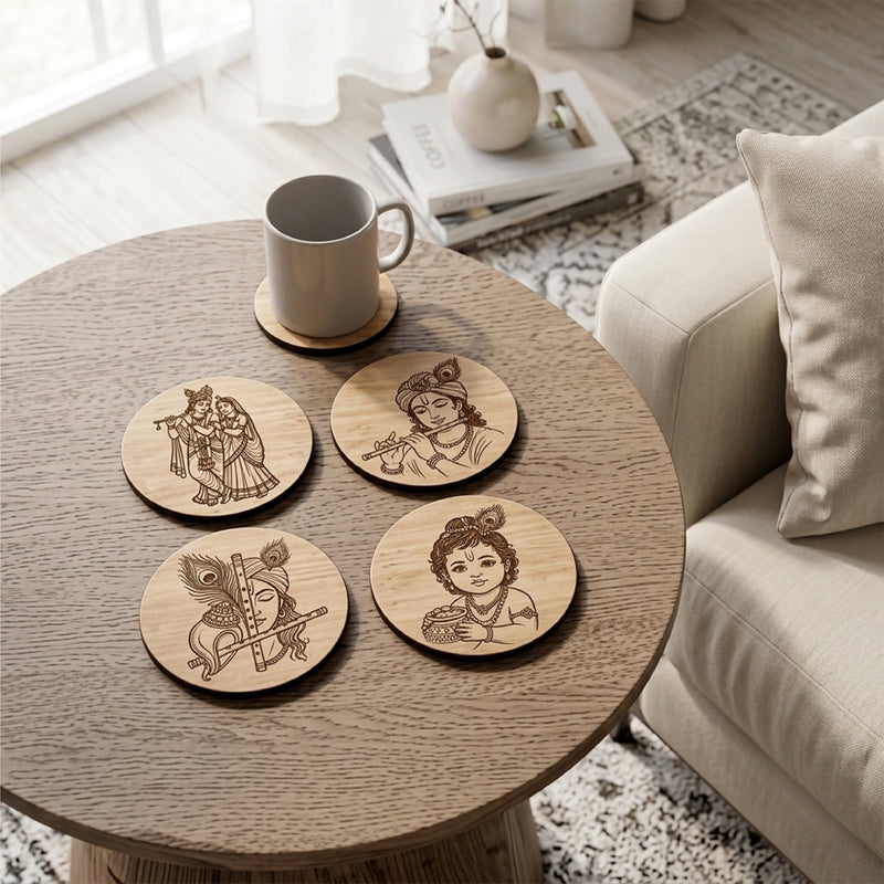 TodFod Krishna DIY Coaster Set of 4 | 4 Inch Engraved Wooden Paint-Your-Own Radha Krishna & Flute Art Coasters