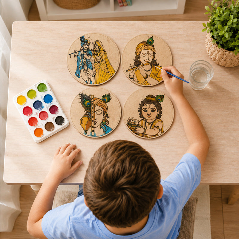 TodFod Krishna DIY Coaster Set of 4 | 4 Inch Engraved Wooden Paint-Your-Own Radha Krishna & Flute Art Coasters