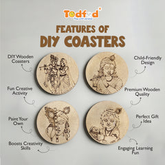 TodFod Krishna DIY Coaster Set of 4 | 4 Inch Engraved Wooden Paint-Your-Own Radha Krishna & Flute Art Coasters