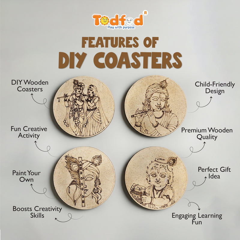 TodFod Krishna DIY Coaster Set of 4 | 4 Inch Engraved Wooden Paint-Your-Own Radha Krishna & Flute Art Coasters