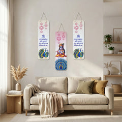 Smaran Krishna Spiritual Wooden Wall Hanging Decor | Om & Peacock Plaque Set | 21.5 Inch Traditional Sign for Home Temple Puja Room & Gift