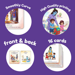 Promotional graphic for educational cards with text on a purple background