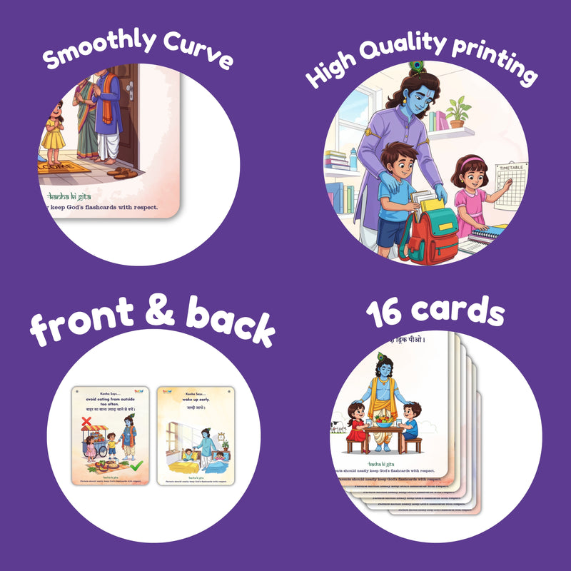 Promotional graphic for educational cards with text on a purple background