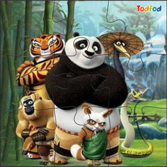 Animated characters from Kung Fu Panda in a forest setting with bamboo and mountains.