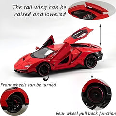 Red toy car with features highlighted on a white background