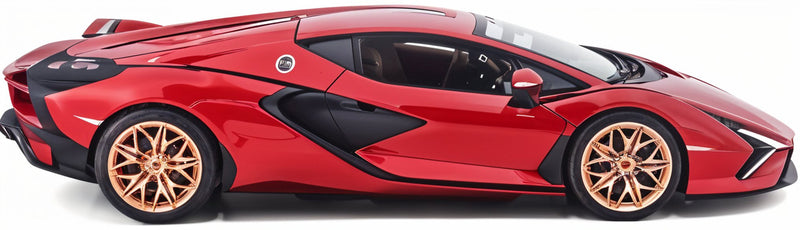 Red sports car model with gold wheels on a white background