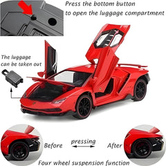 Red toy car with open doors and luggage compartment, showing functions and features.