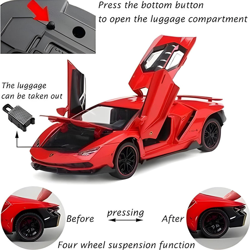 Red toy car with open doors and luggage compartment, showing functions and features.