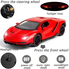 Red toy car with control buttons for headlights, taillights, and power modes on a white background.