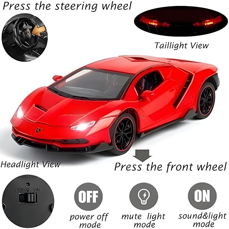 Red toy car with control buttons for headlights, taillights, and power modes on a white background.