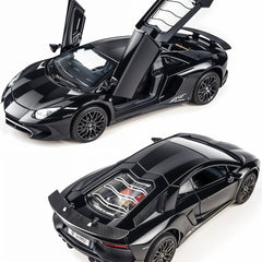 Black toy car with open doors on a white background